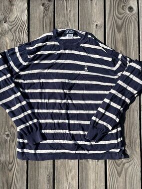 Psycho Bunny Navy Striped Knit Sweater XL Embroidered Bunny Logo Soft Terry